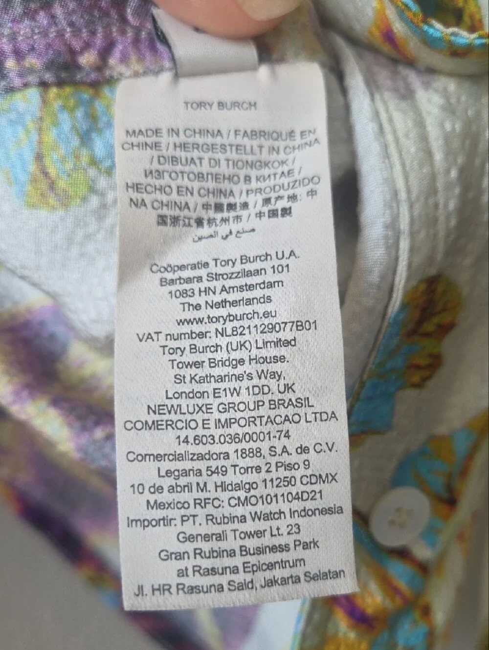 Tory Burch Cream Tie-Neck Blouse with Purple and Turquoise Floral Print
